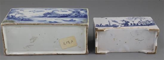 An English delftware blue and white flower brick and a similar Delft flower brick, c.1760, 16.2cm, the latter restored